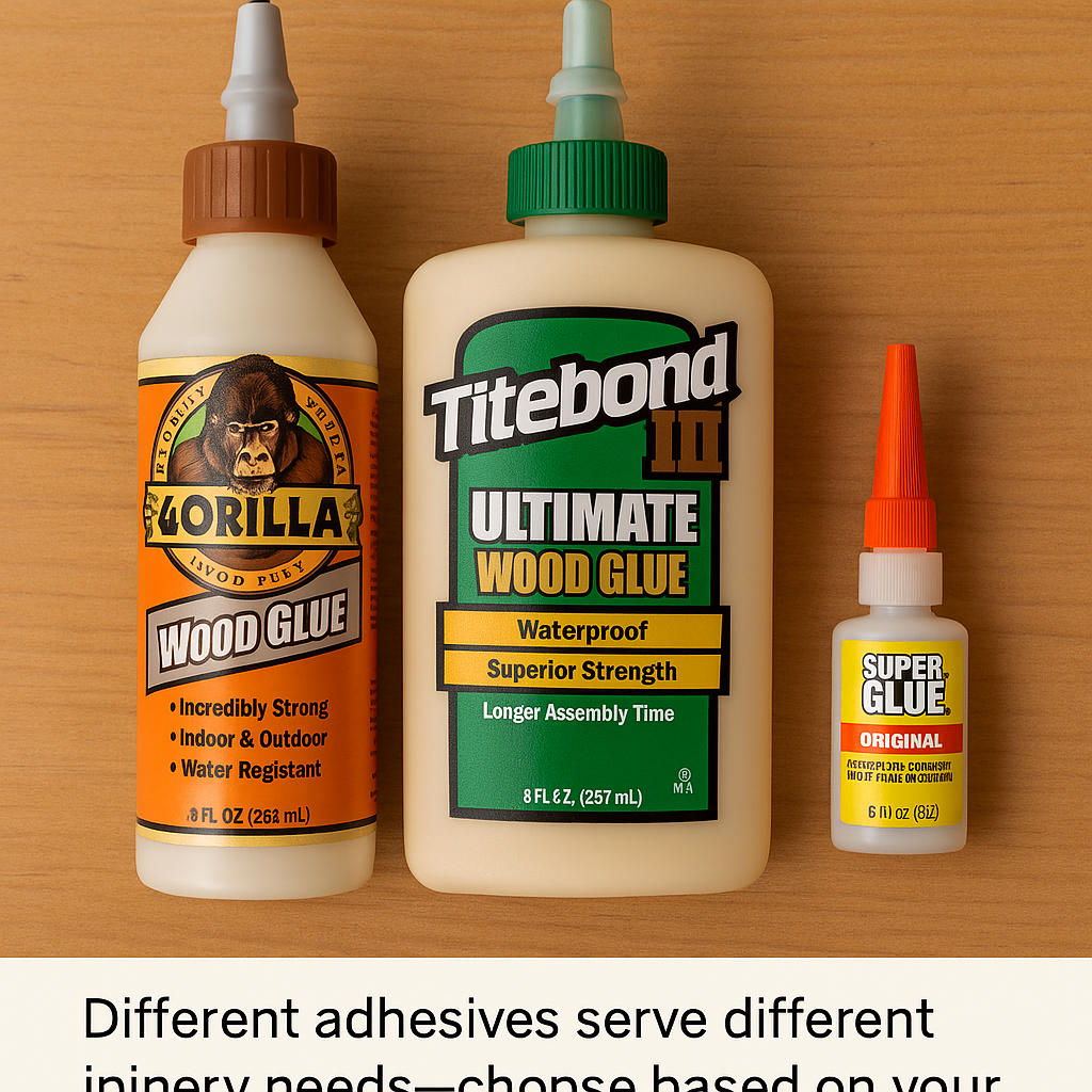 Gorilla wood glue, Titebond III, and Super Glue on workbench