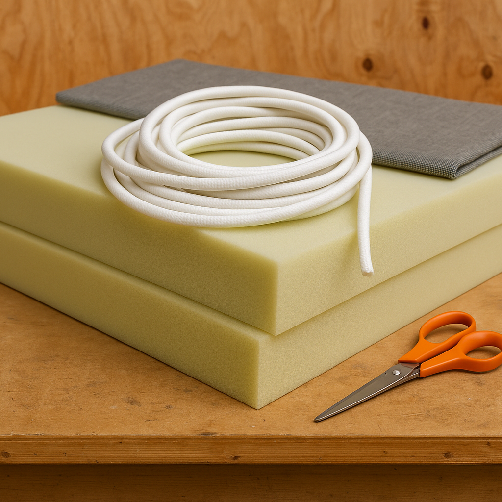Upholstery foam and piping on a workbench
