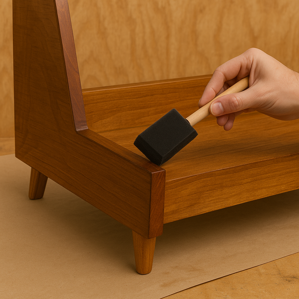 Staining wooden couch frame with foam brush