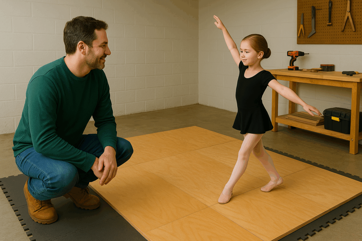 Father watching daughter dance on a bright, homemade plywood dance floor in a sunny garage studio