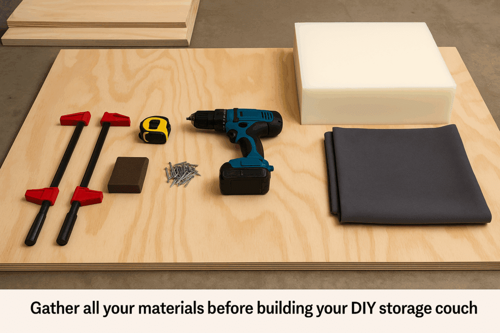 Tools and plywood laid out for couch assembly