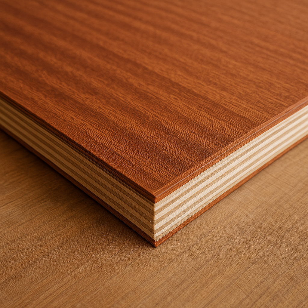 Close-up of sapele plywood with edge banding applied