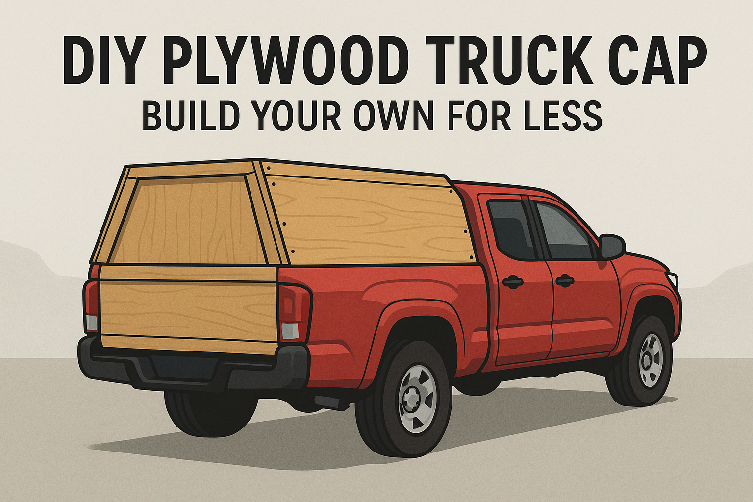 Red pickup truck with a homemade plywood truck cap, viewed from the rear angle, showcasing DIY construction and design