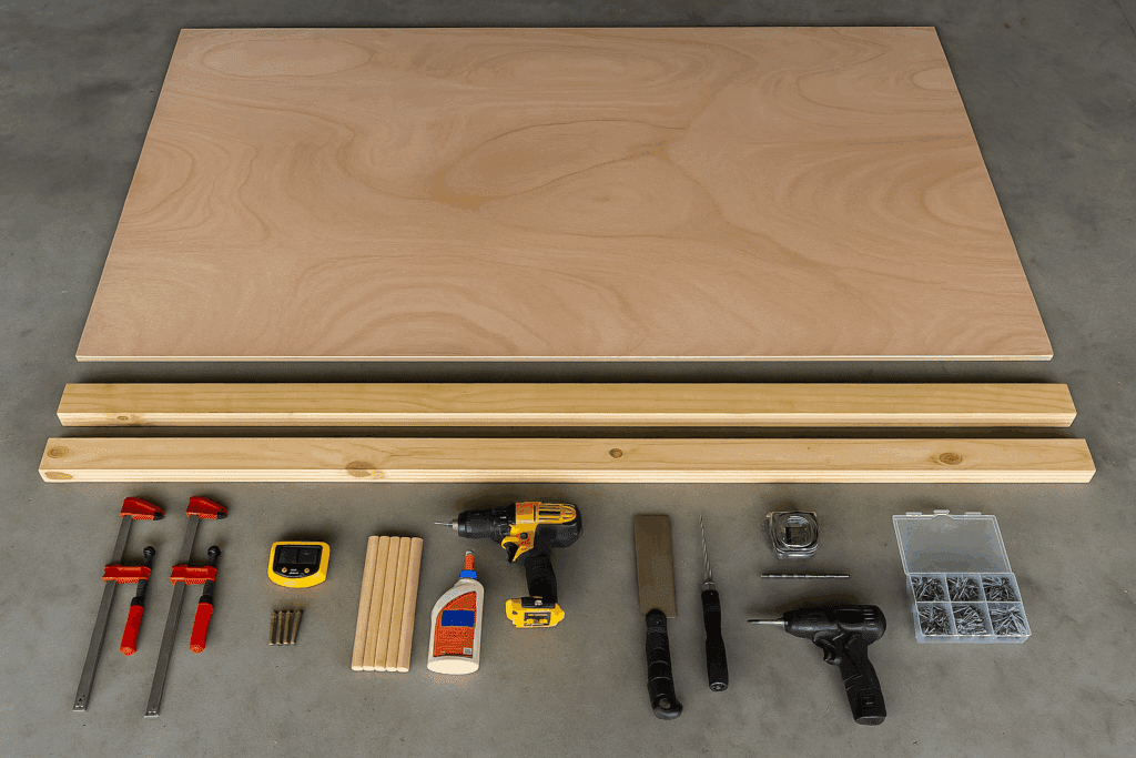 DIY plywood truck cap materials including plywood, clamps, dowels, tools, and hardware.