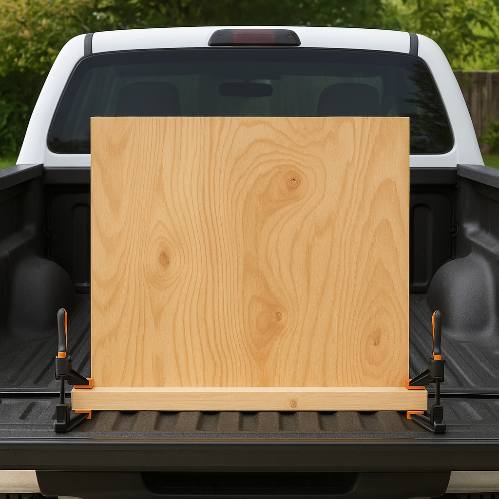 2x4 framing boards clamped along pickup truck bed rails as plywood truck cap base.