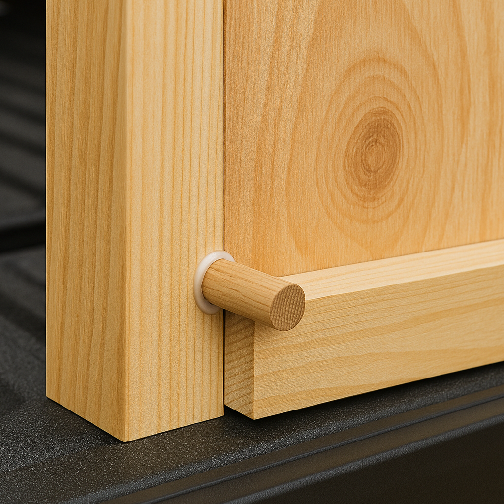 Hardwood dowels used to connect plywood to frame for strong DIY truck cap joinery.