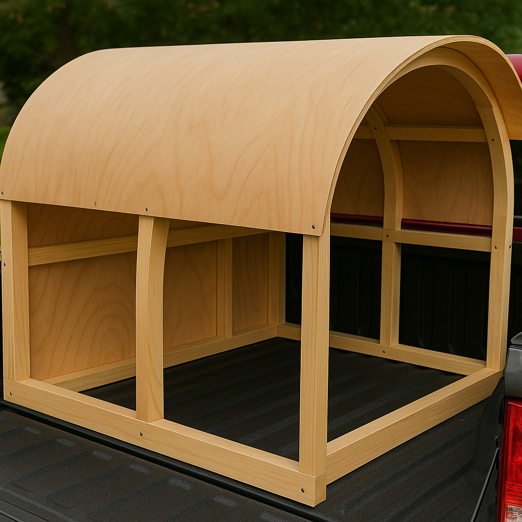 Hardwood dowels used to connect plywood to frame for strong DIY truck cap joinery.