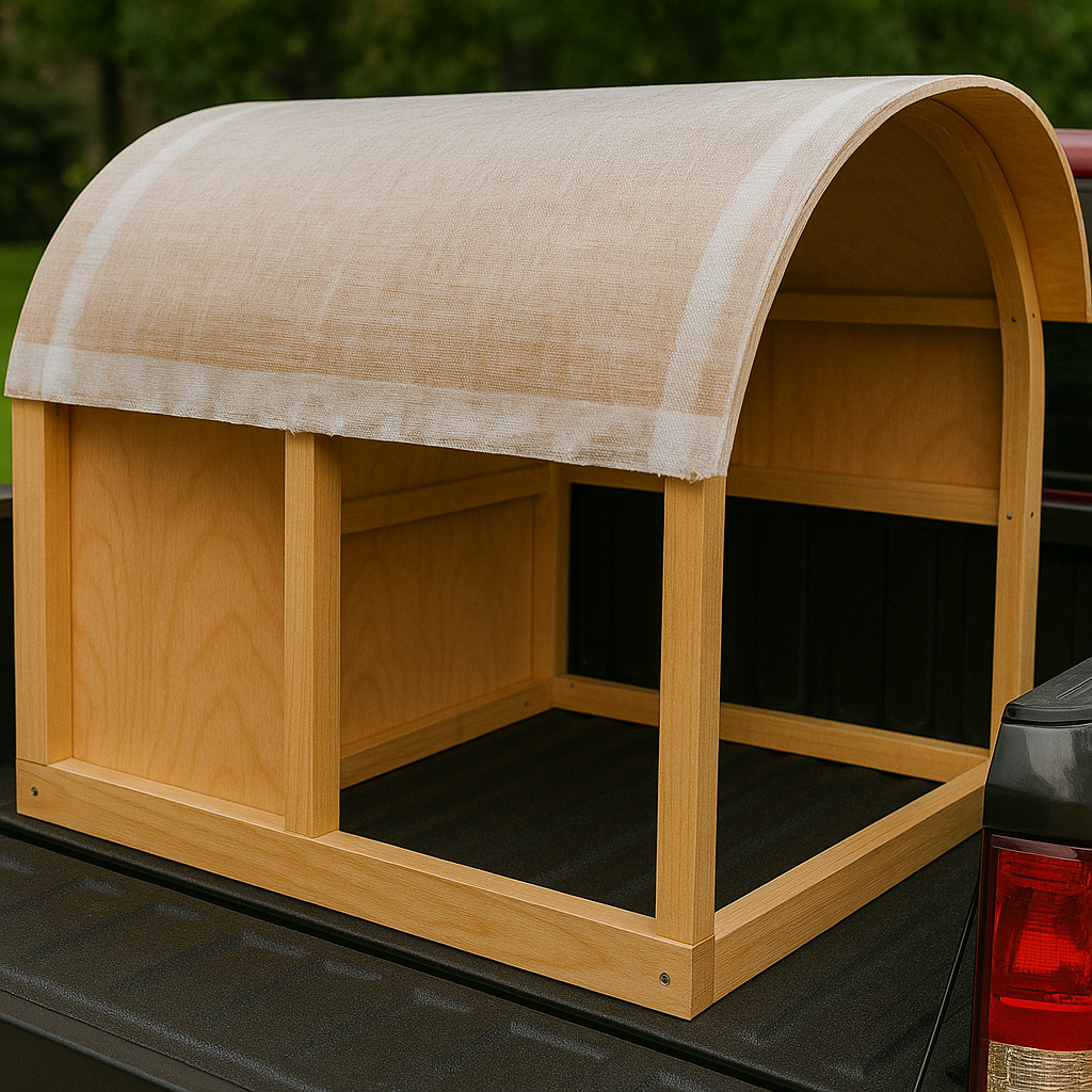 Flip-up rear hatch with gas struts on a plywood truck cap.