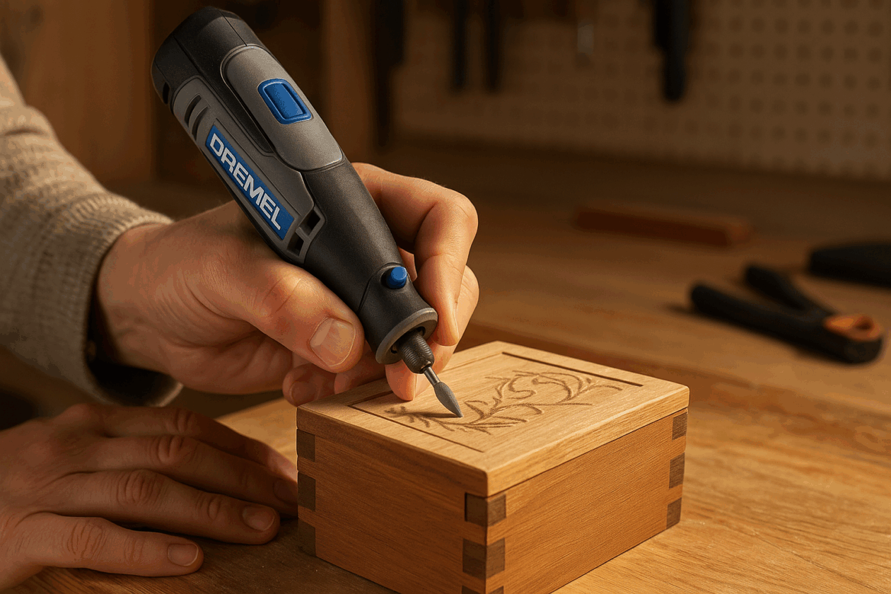 Close-up of a person engraving a leaf pattern into a wooden box lid using a Dremel rotary tool in a warm, well-lit workshop.