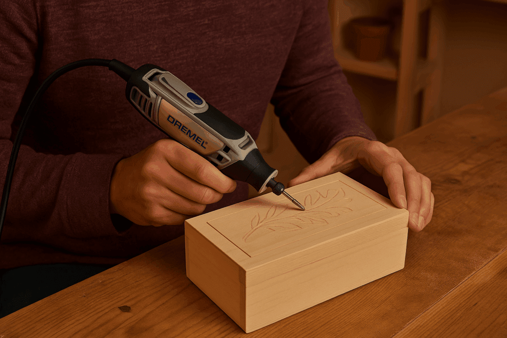 Alt text: Person using a Dremel tool to carve fine details into a wooden keepsake box in a home workshop