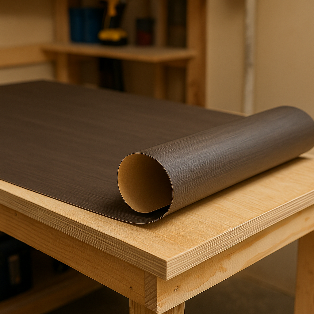 A sheet of dark brown Formica laminate unrolled over a plywood countertop in a clean workshop, ready for gluing and trimming.