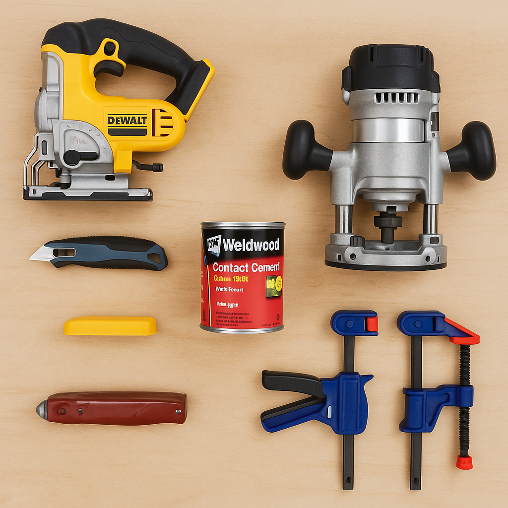 Jigsaw, utility knife, contact cement, router, and clamps laid out on a workbench for a Formica installation project.
