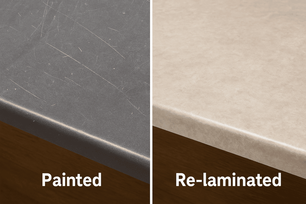 Comparison showing a scratched, worn painted laminate surface next to a freshly applied Formica sheet.
