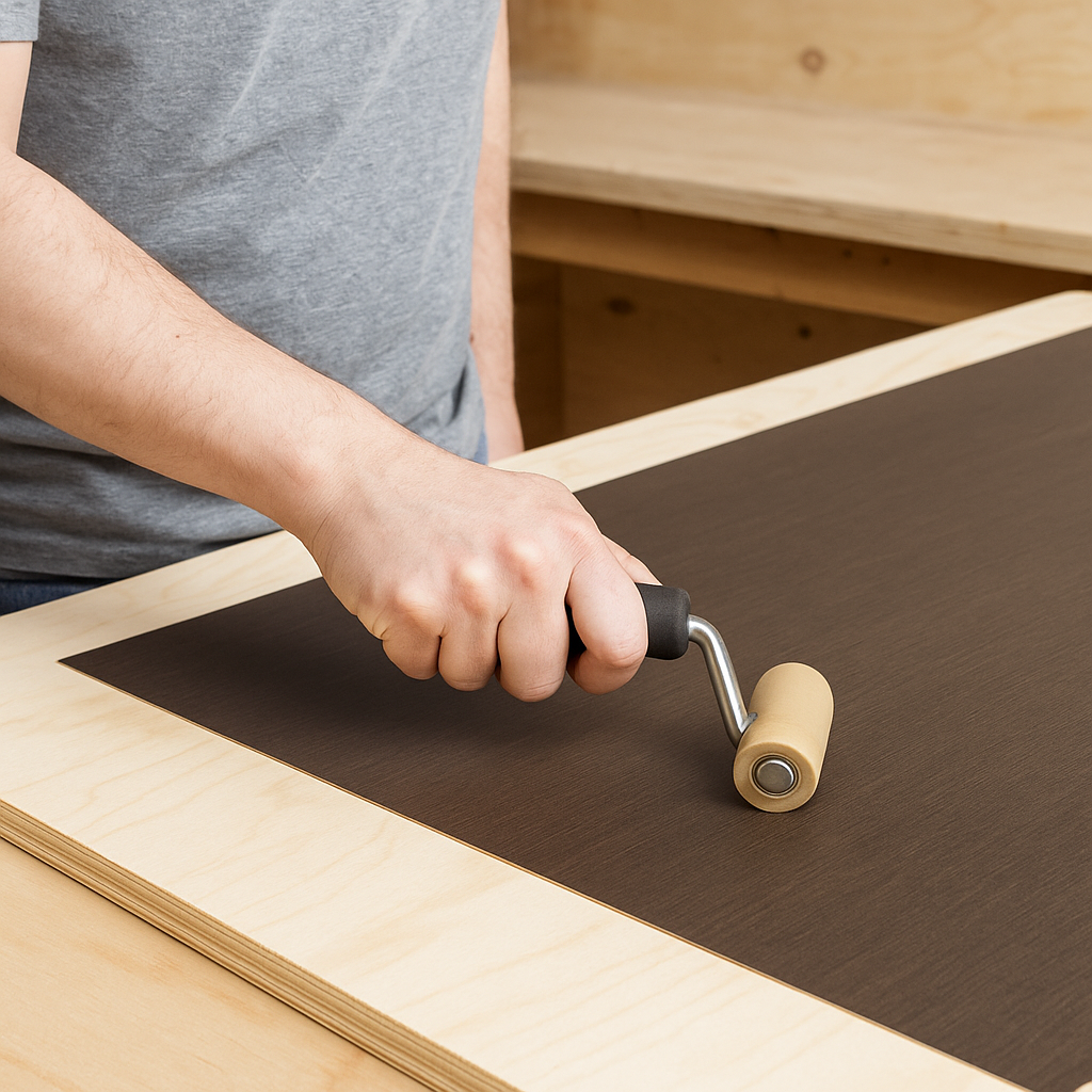 A DIYer using a J-roller to press Formica laminate onto a glued plywood countertop.