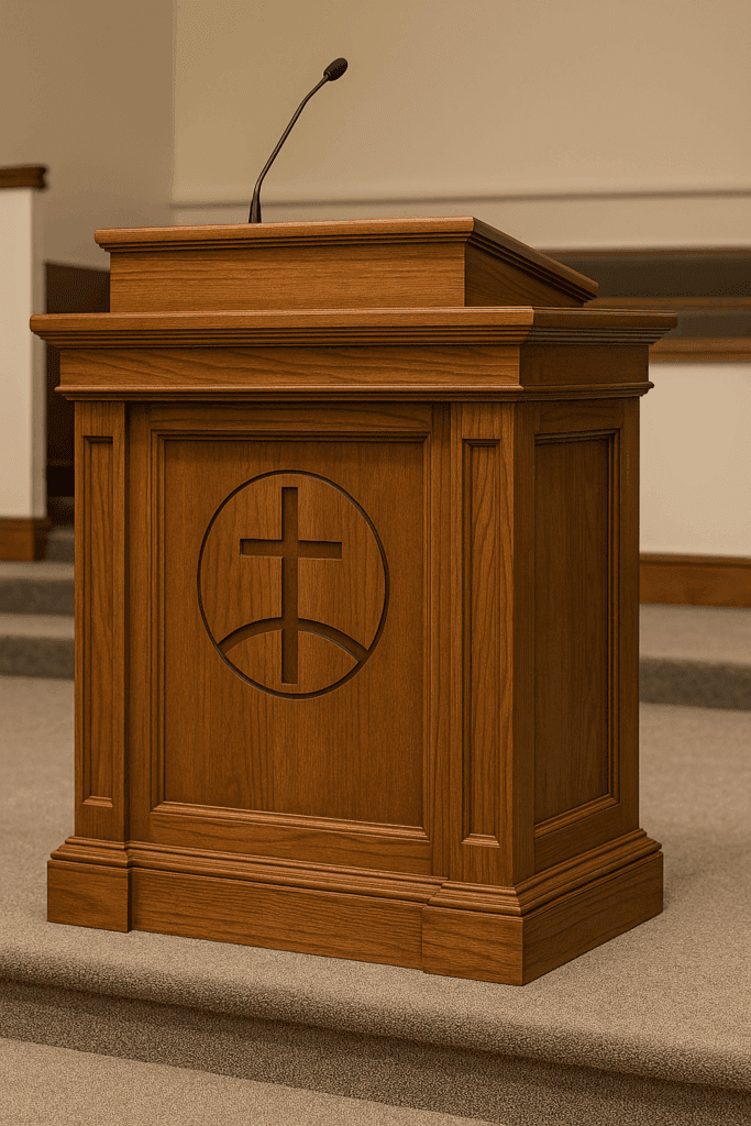 Custom-built wood pulpit with church logo, stained and finished.