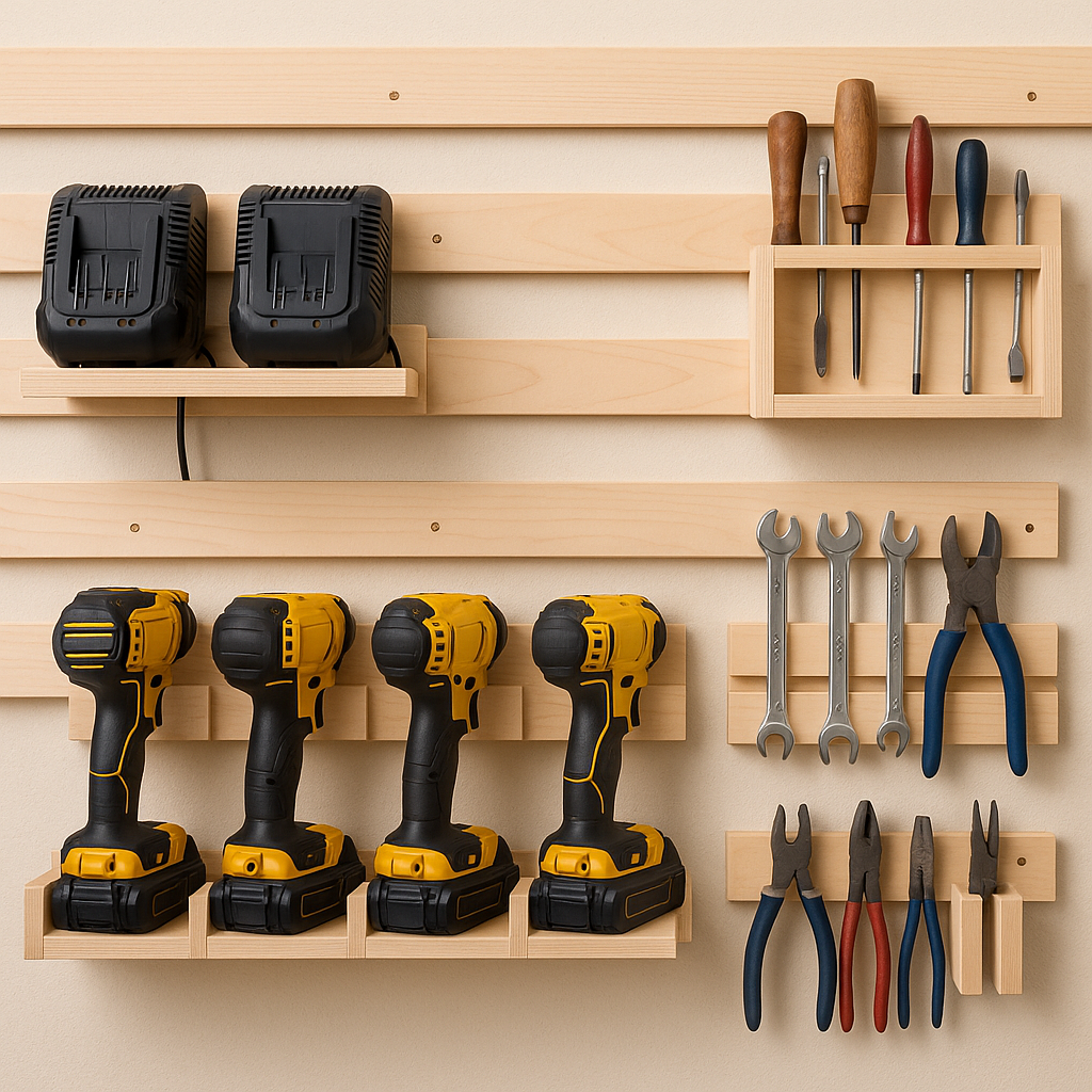 A garage wall with modular tool holders mounted to French cleats.