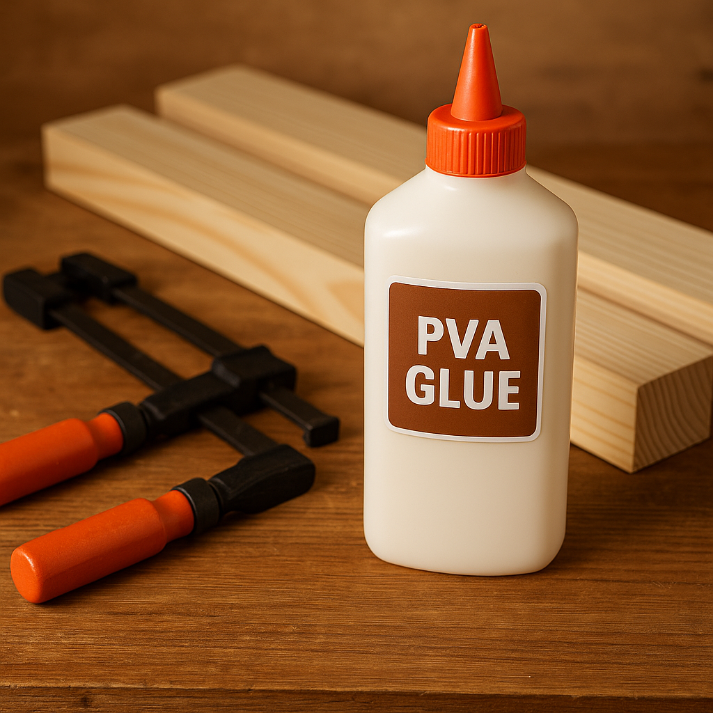 A bottle of wood glue and clamps next to wood boards on a workshop table