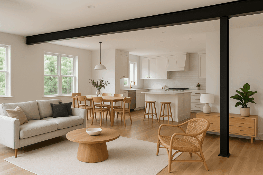Modern home with structural beam replacing interior load-bearing wall