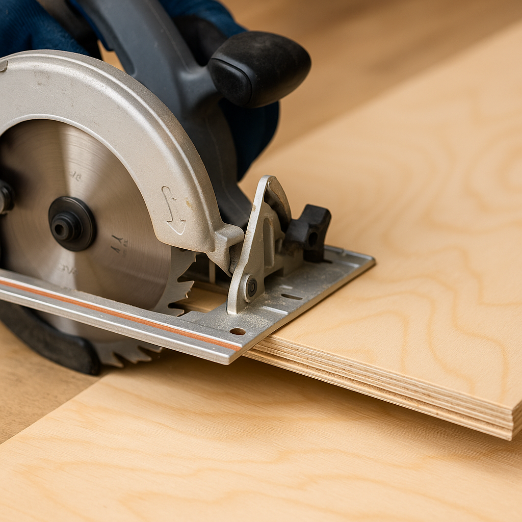 Sharp table saw blade cutting through ACX plywood sheet