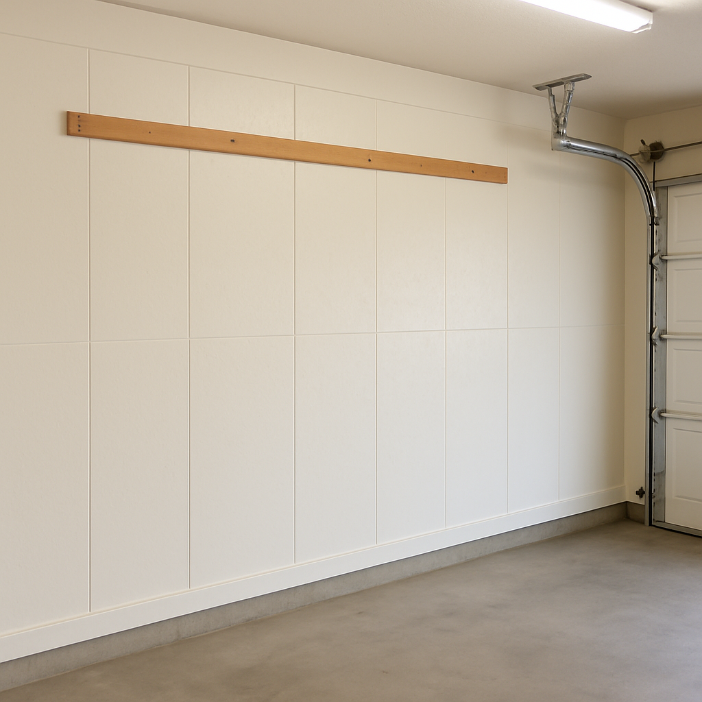 Garage wall covered with painted ACX plywood paneling”