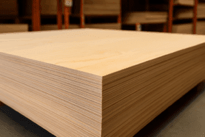 Stack of ACX plywood panels with smooth sanded face veneer in a lumber yard