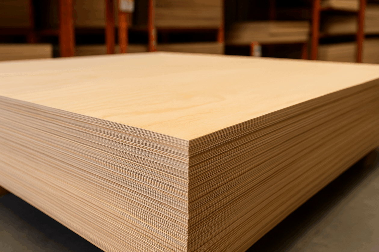 Stack of ACX plywood panels with smooth sanded face veneer in a lumber yard