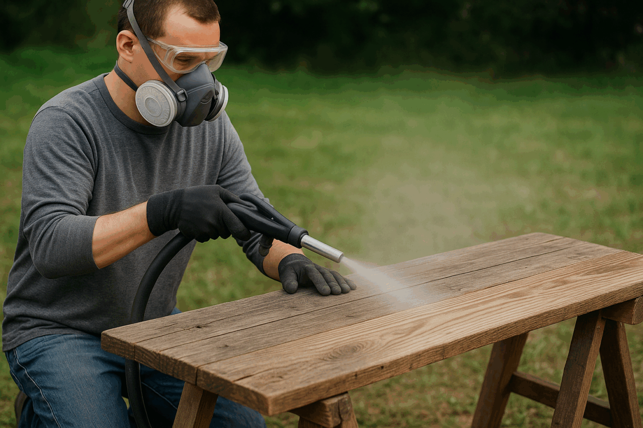 Craftsman wearing protective gear sandblasting a weathered wood board on sawhorses outdoors.