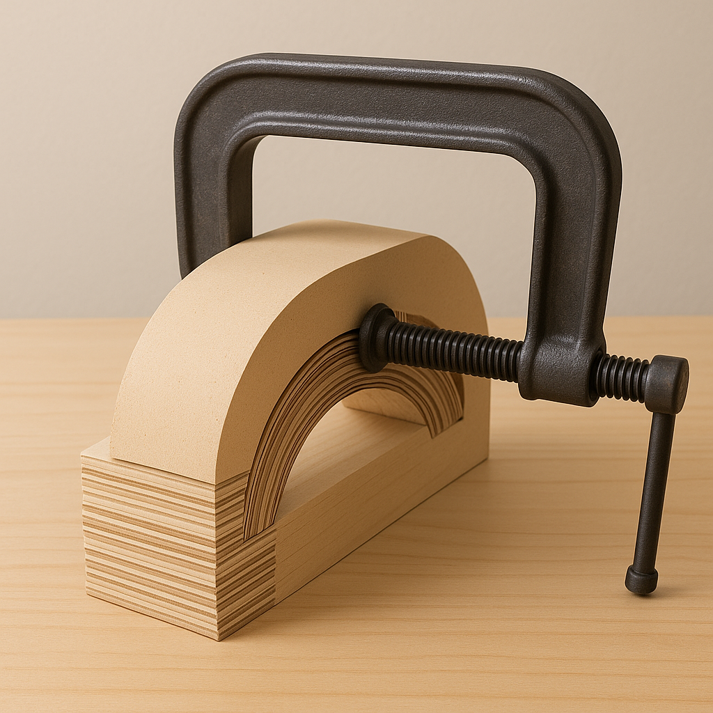 Mold clamped around stacked plywood layers for a smooth bend image