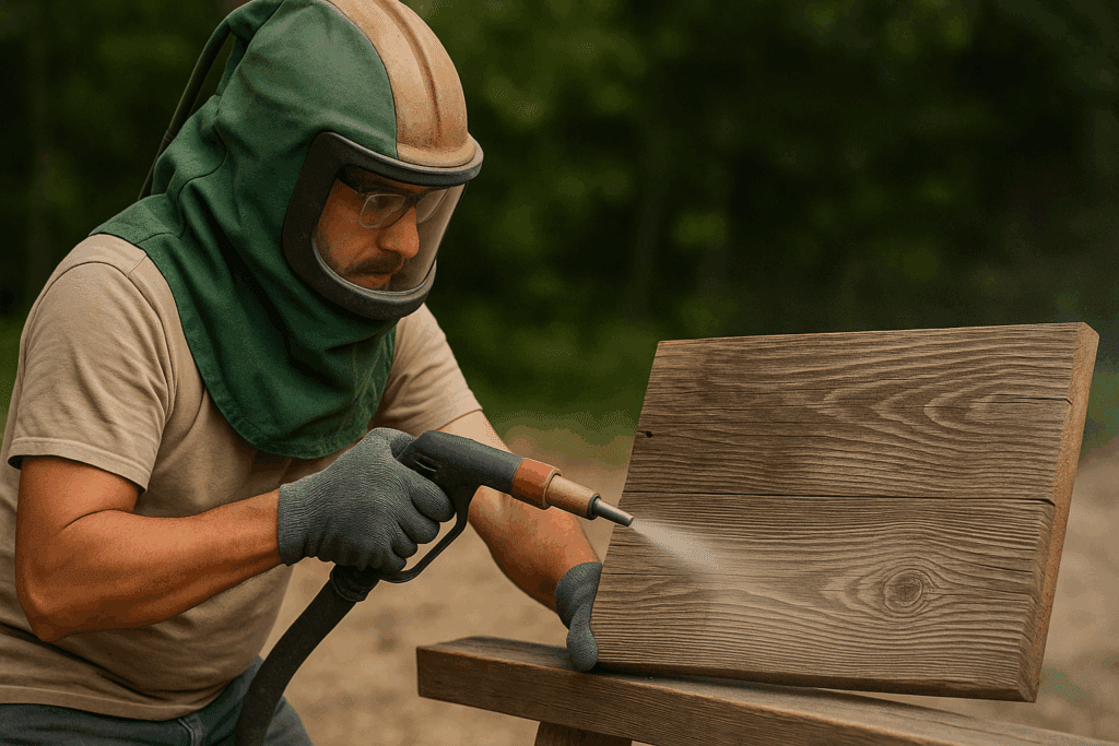 DIYer sandblasting reclaimed wood panel outdoors with visible grain exposure