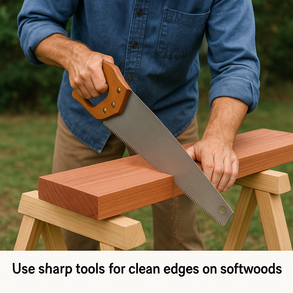 Craftsman cutting redwood plank on sawhorses