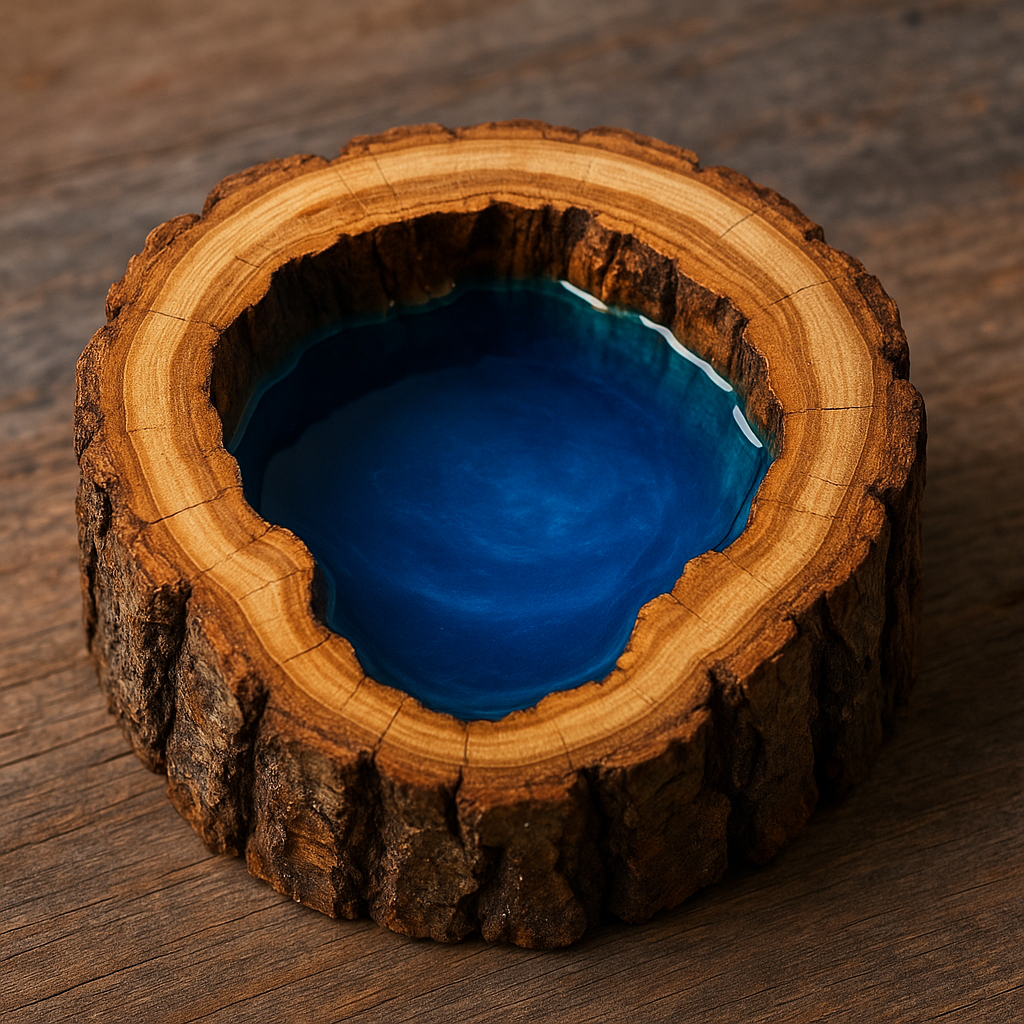 Epoxy lake effect inside hollow wood slice – "Blue epoxy lake filling hollow tree slice for visual depth"