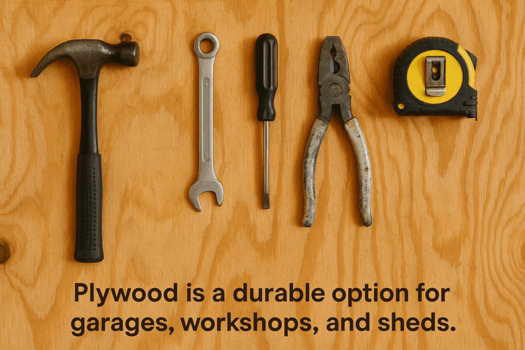Close-up of plywood wall with mounted tools