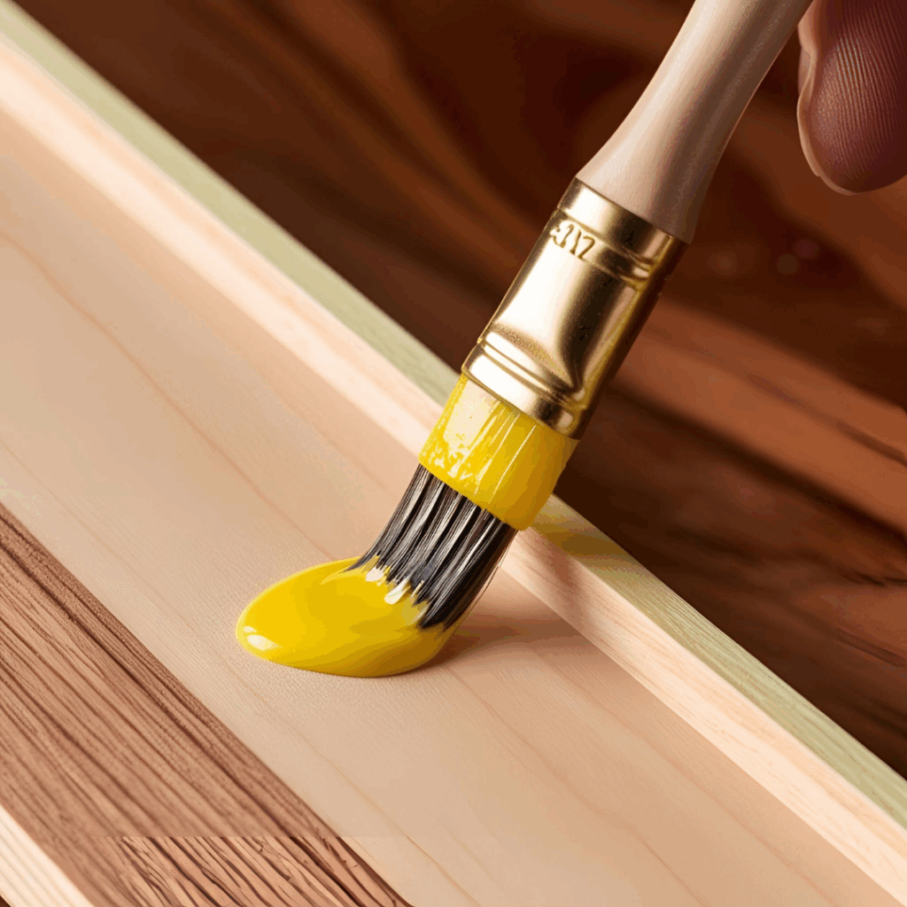 Small detail brush applying yellow glue to the wood edge grain