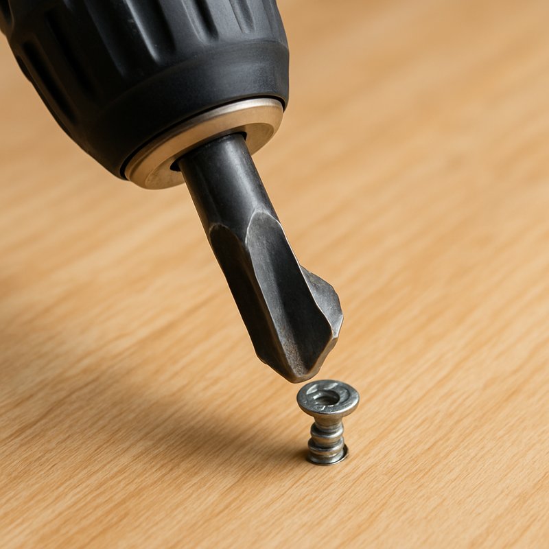 Drill with oversized bit removing stripped screw from softwood