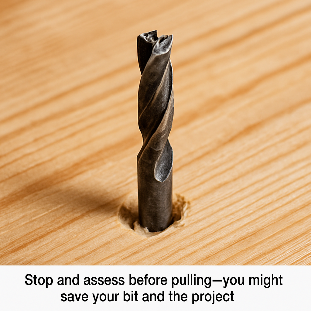 Broken drill bit stuck in softwood mid-project