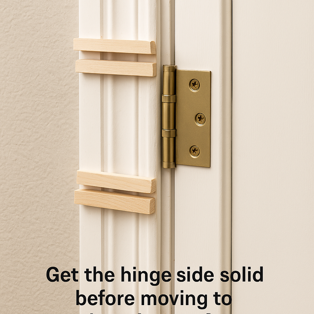 Shim placement behind hinges on prehung door