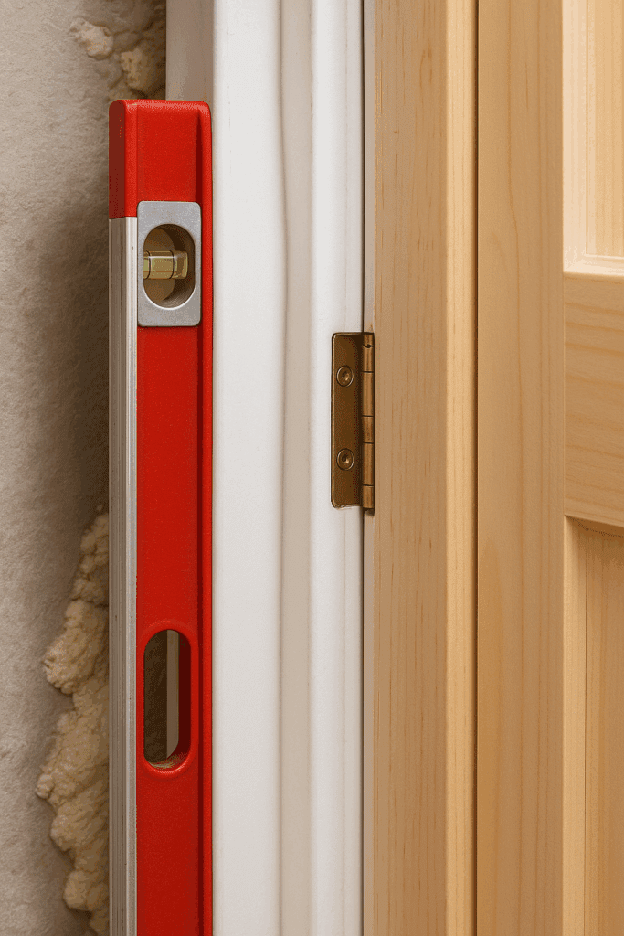 Reminder to check door alignment before securing the frame during DIY installation.