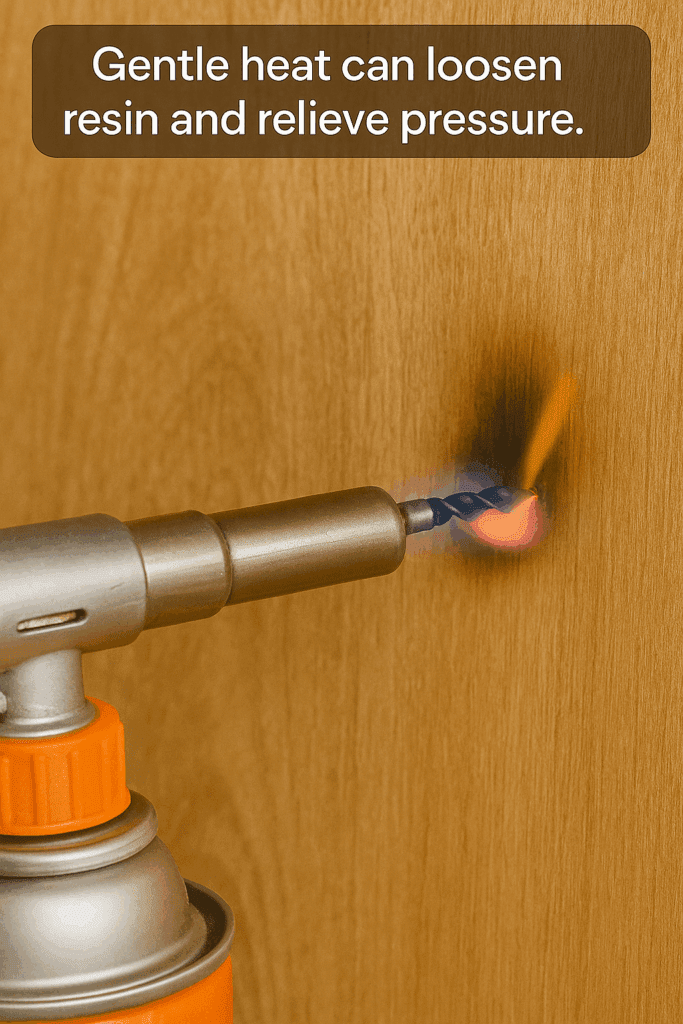 Heating wood to release the jammed drill bit