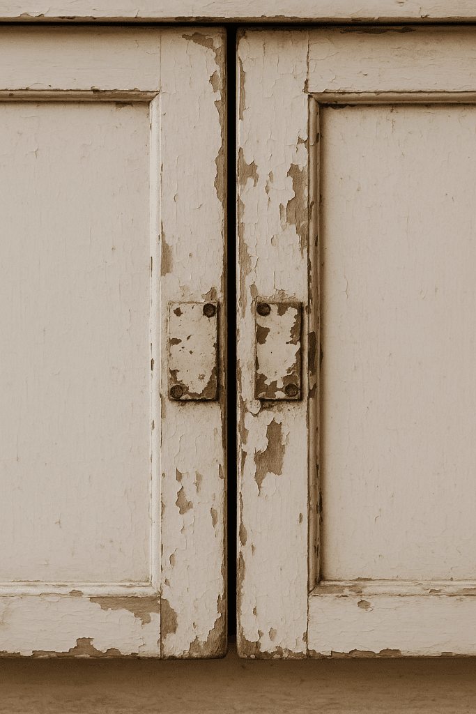 Close-up of dated cabinet doors with chipped finish and misaligned hinges.