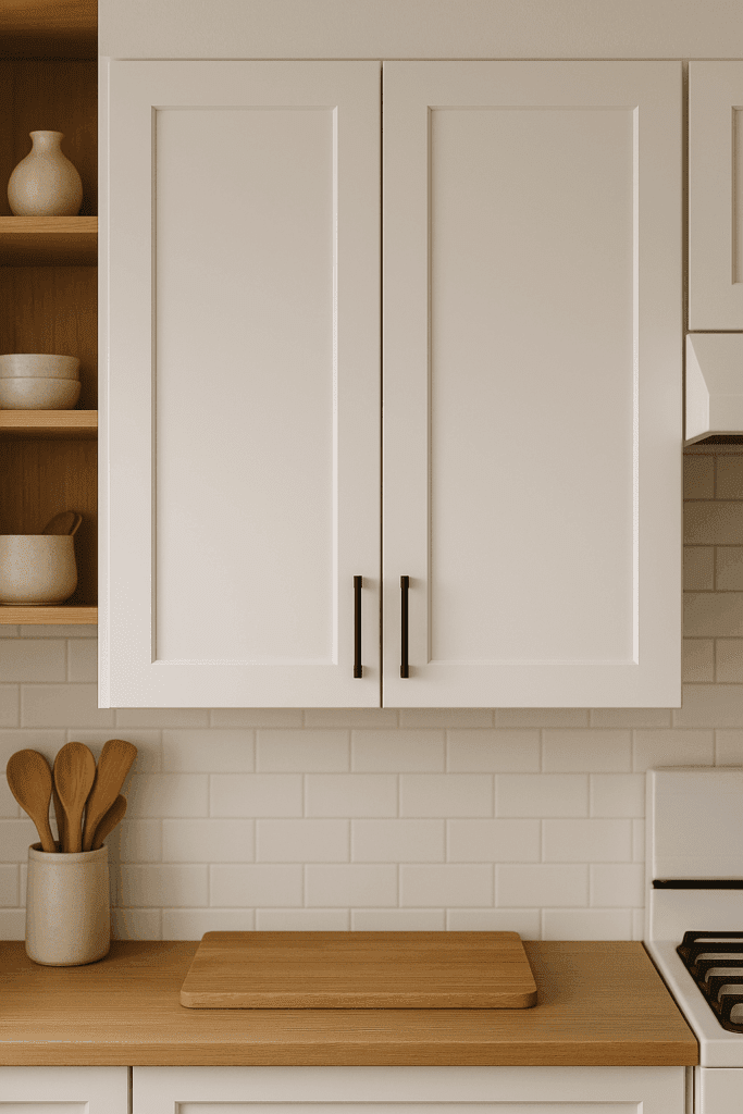 White shaker-style cabinet doors installed in a cozy kitchen.