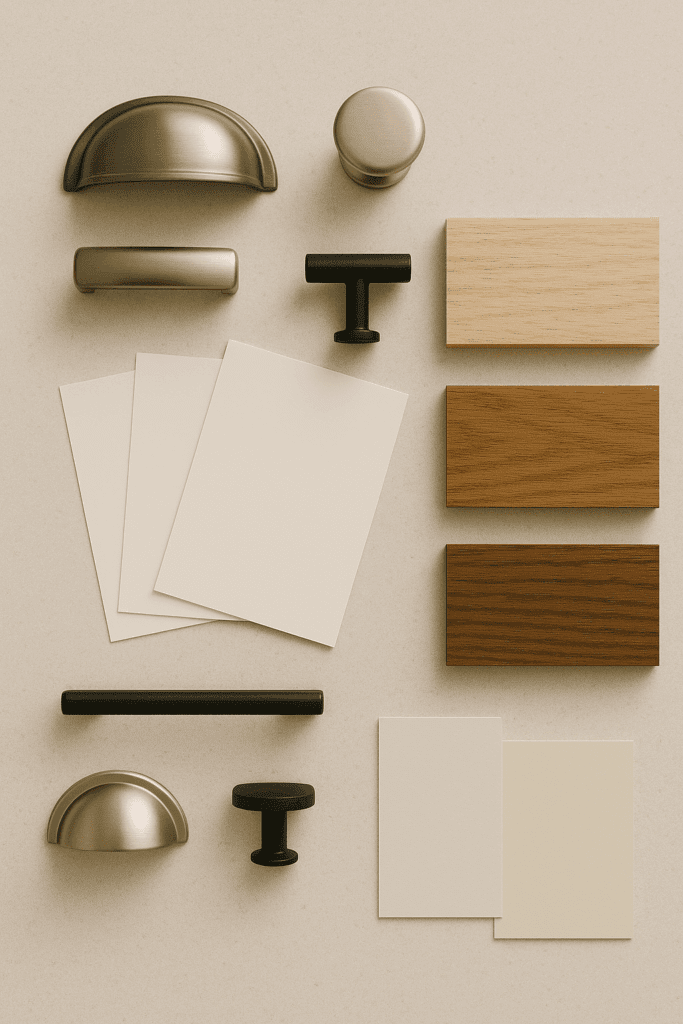 Cabinet hardware samples, paint swatches, and wood stain test pieces laid out on a counter.