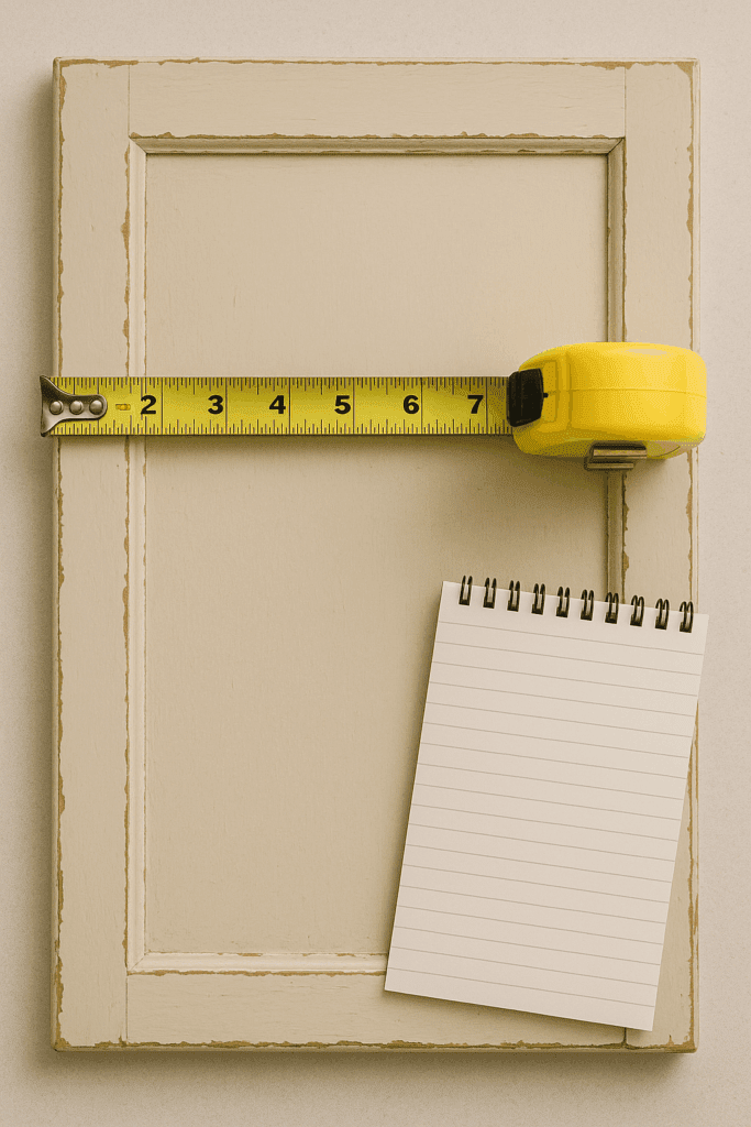 A Measuring tape stretched across an old cabinet door with a notepad.