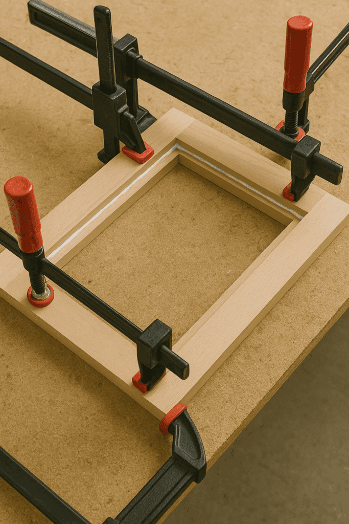 Cabinet door frame being glued and clamped with bar clamps on a workbench