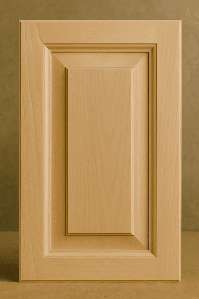 Raised panel cabinet door with beveled profile and detailed edges.