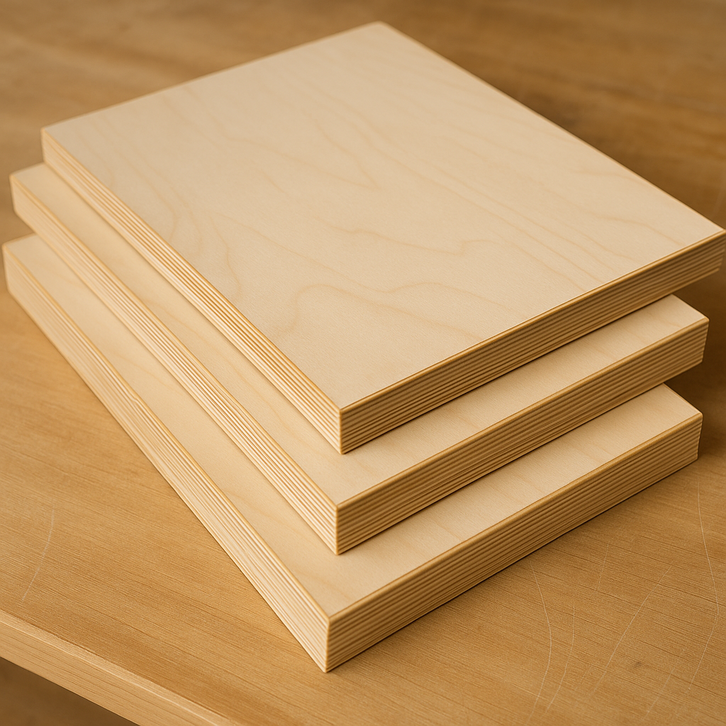 Clean slab cabinet doors stacked with edge banding visible.