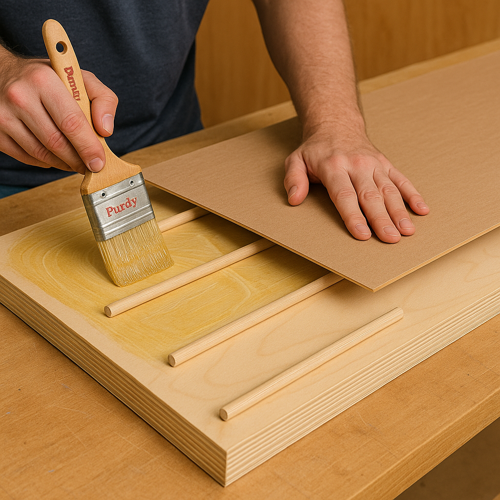  Applying laminate to a plywood door using contact cement and dowels