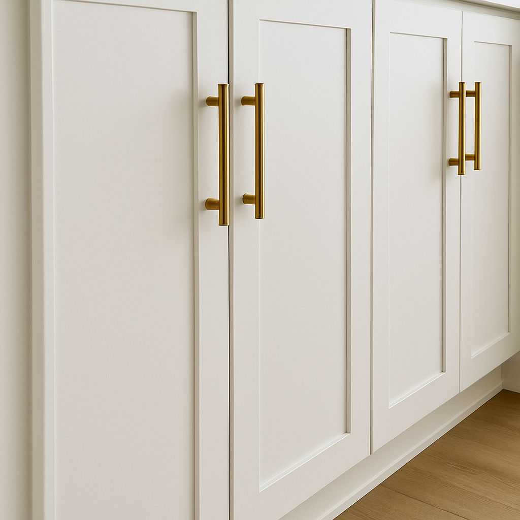 Finished cabinet doors freshly painted and installed with gold hardware.