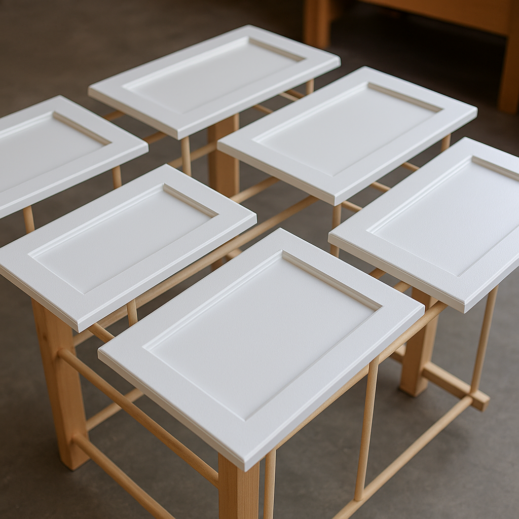 Painted cabinet doors drying on a rack with satin white finish