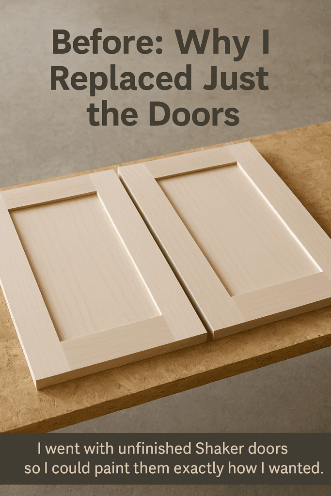 A pair of new Shaker-style cabinet doors on a workbench