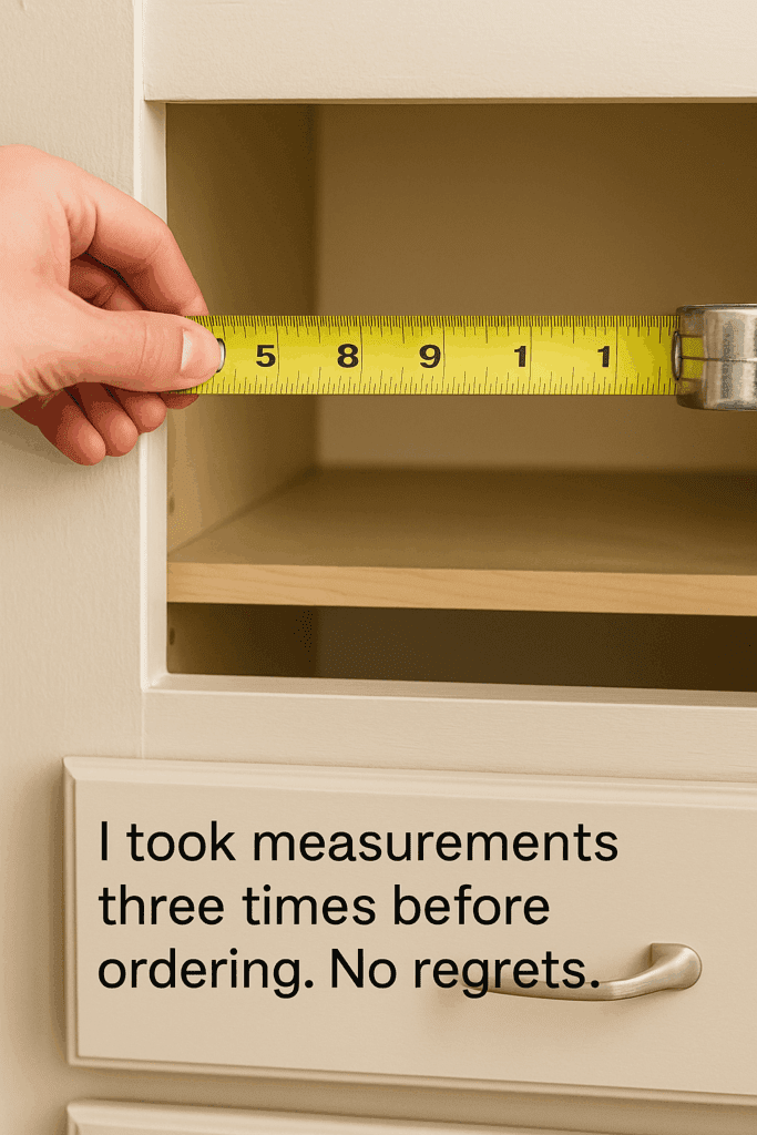Measuring cabinet opening with a metal tape measure